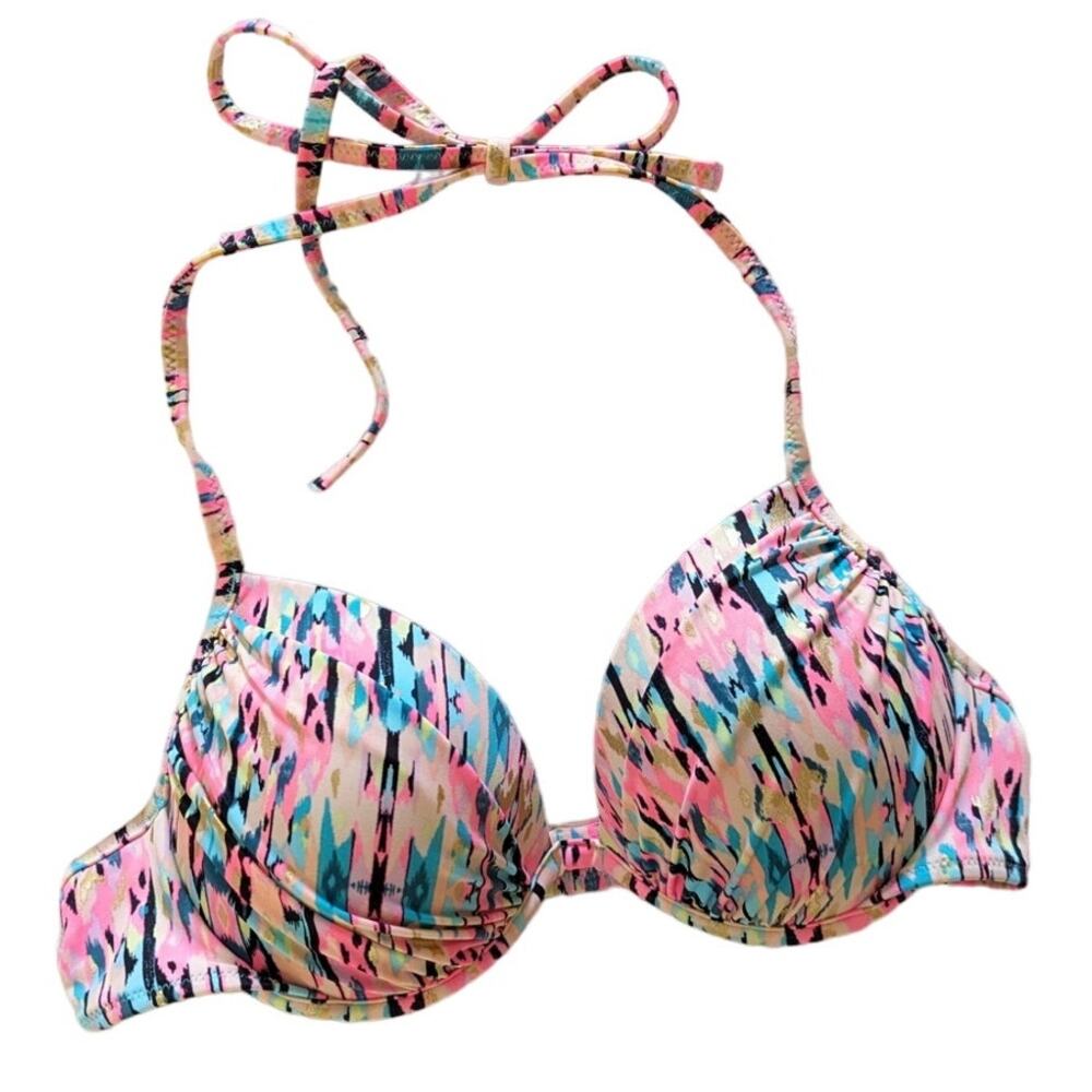 Shade & Shore Neon Pink/Blue Abstract Bikini Top Small